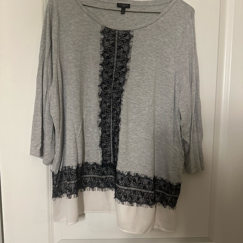 Talbots Women's Grey Top with Black Lace Detail